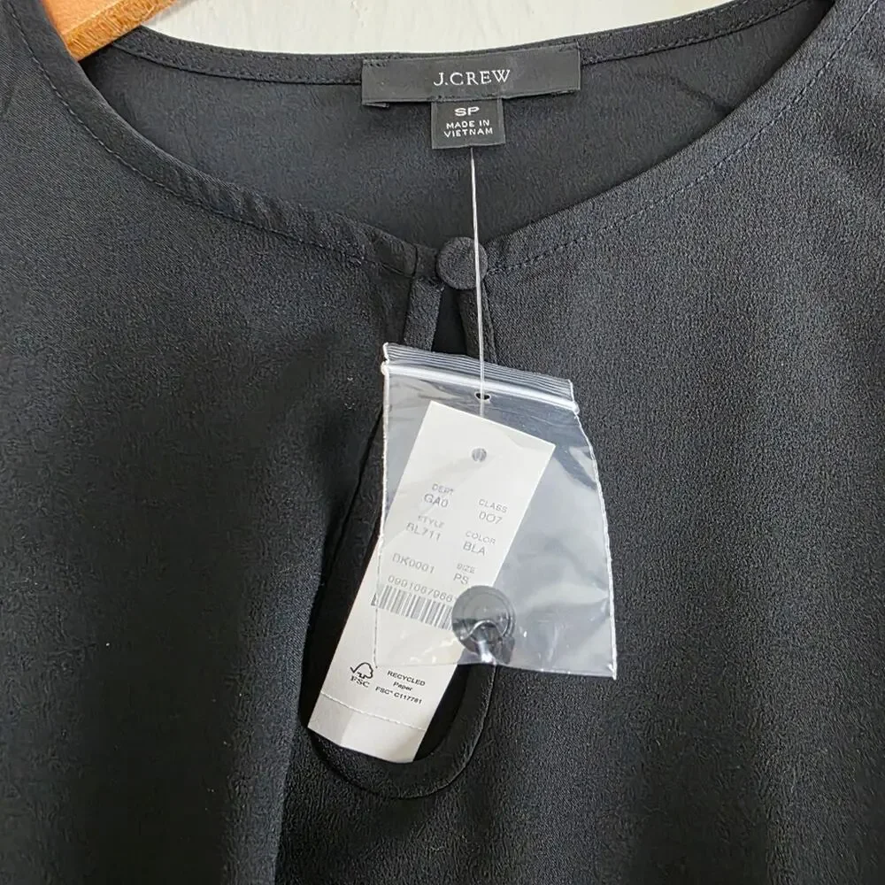 J. Crew Black Puff Sleeve Satin Back Crepe Blouse Top Size Small Petite SP NWT